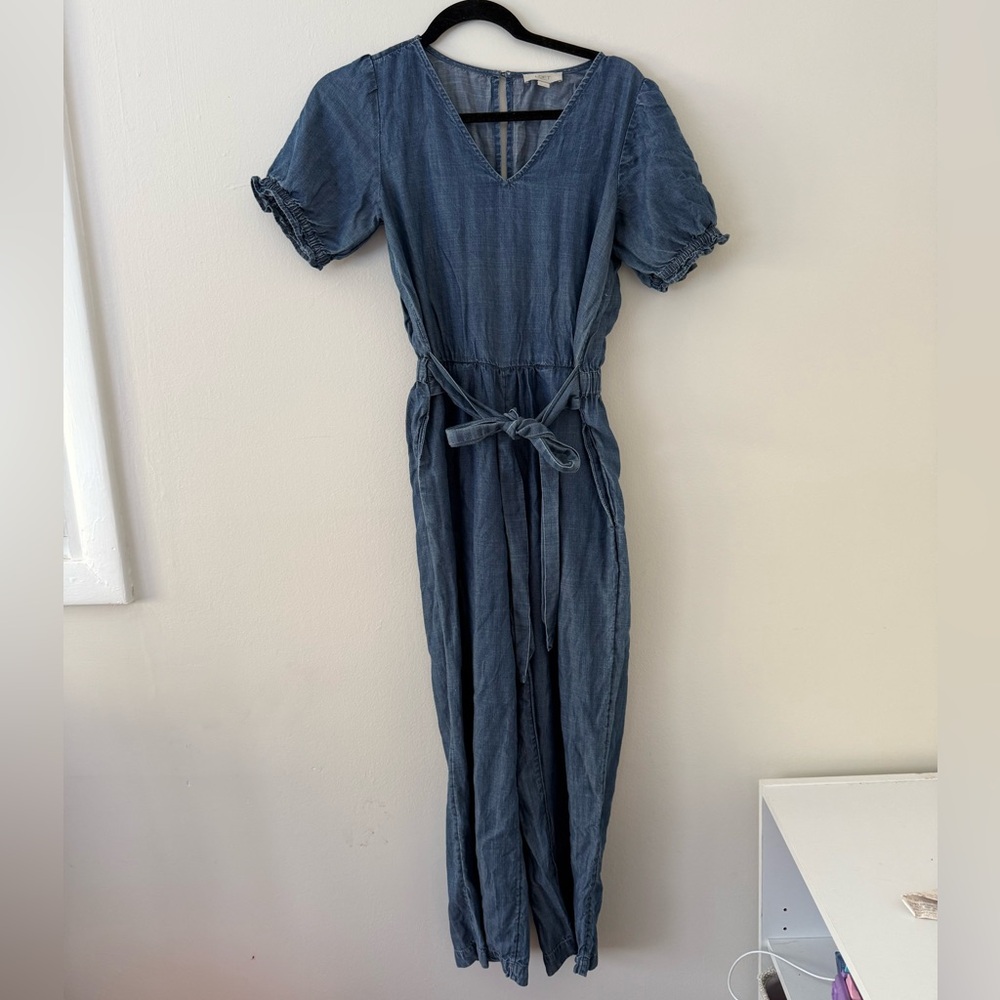 Lightweight Chambray Jumpsuit Tie-Waist Wide Leg Loft Size XS Denim Minimalist - Picture 2 of 11